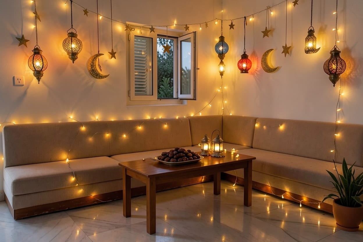 مجلس بجلسات أرضية بيج مزيّن لرمضان بفوانيس حول الجلسات ومفرش بنقشة هندسية على أرضية رخام فاتحة