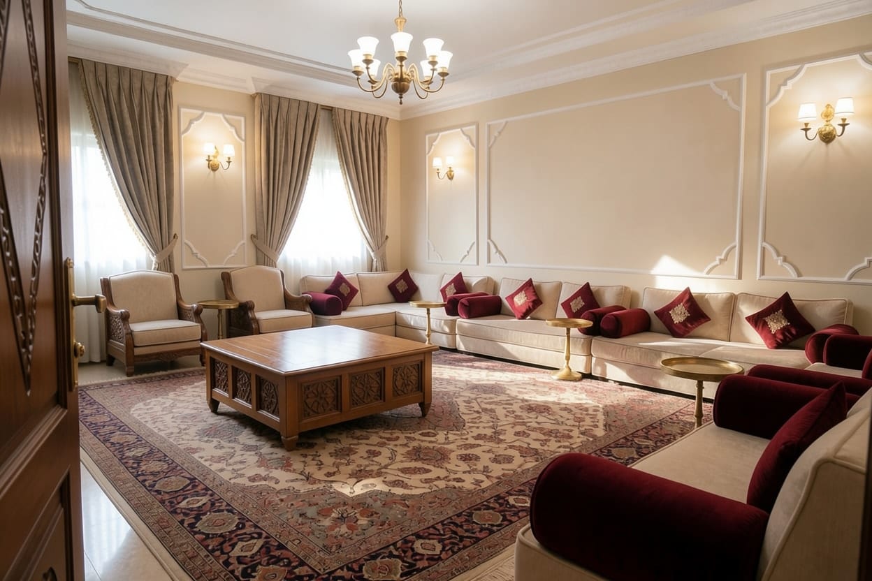A majlis with its seating bunched at one end, rearranged for Cozy conversation.