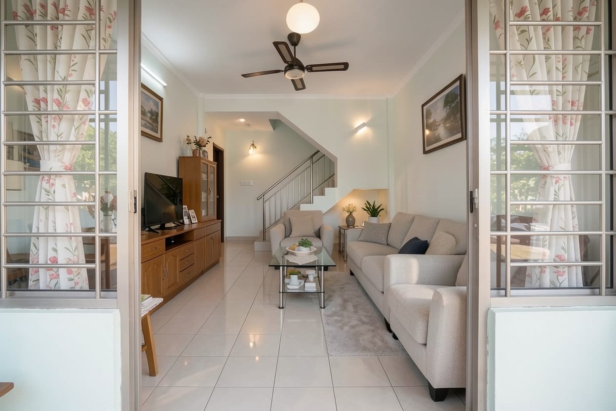 Ruang tamu yang sama dalam gaya moden, sofa dan tangga kekal di tempat asal dengan warna dan hiasan baharu