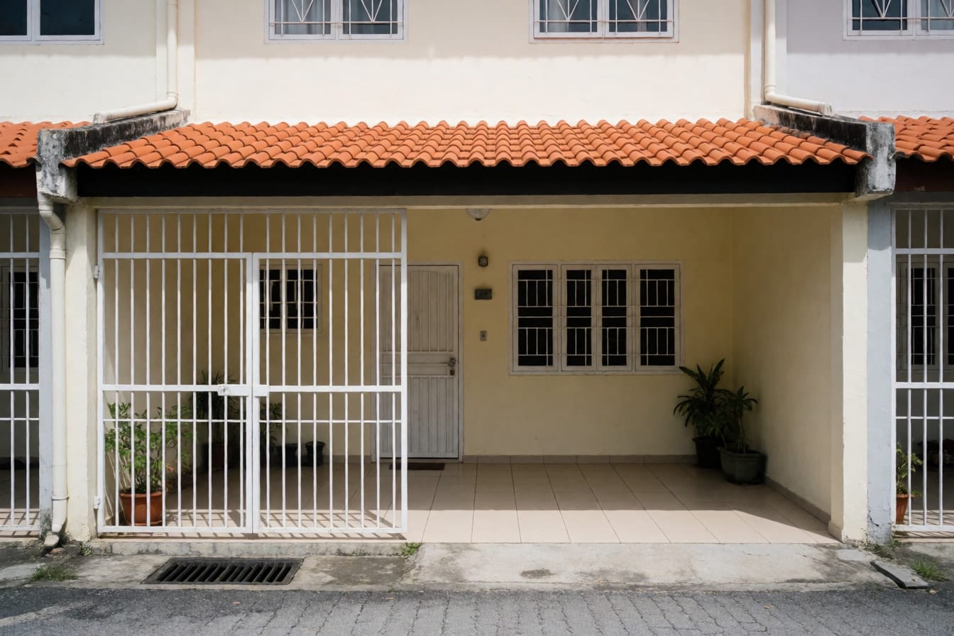 Rumah teres dua tingkat berdinding krim dengan kesan kulat hitam di bawah cucur atap, gril putih dan porch kereta berjubin