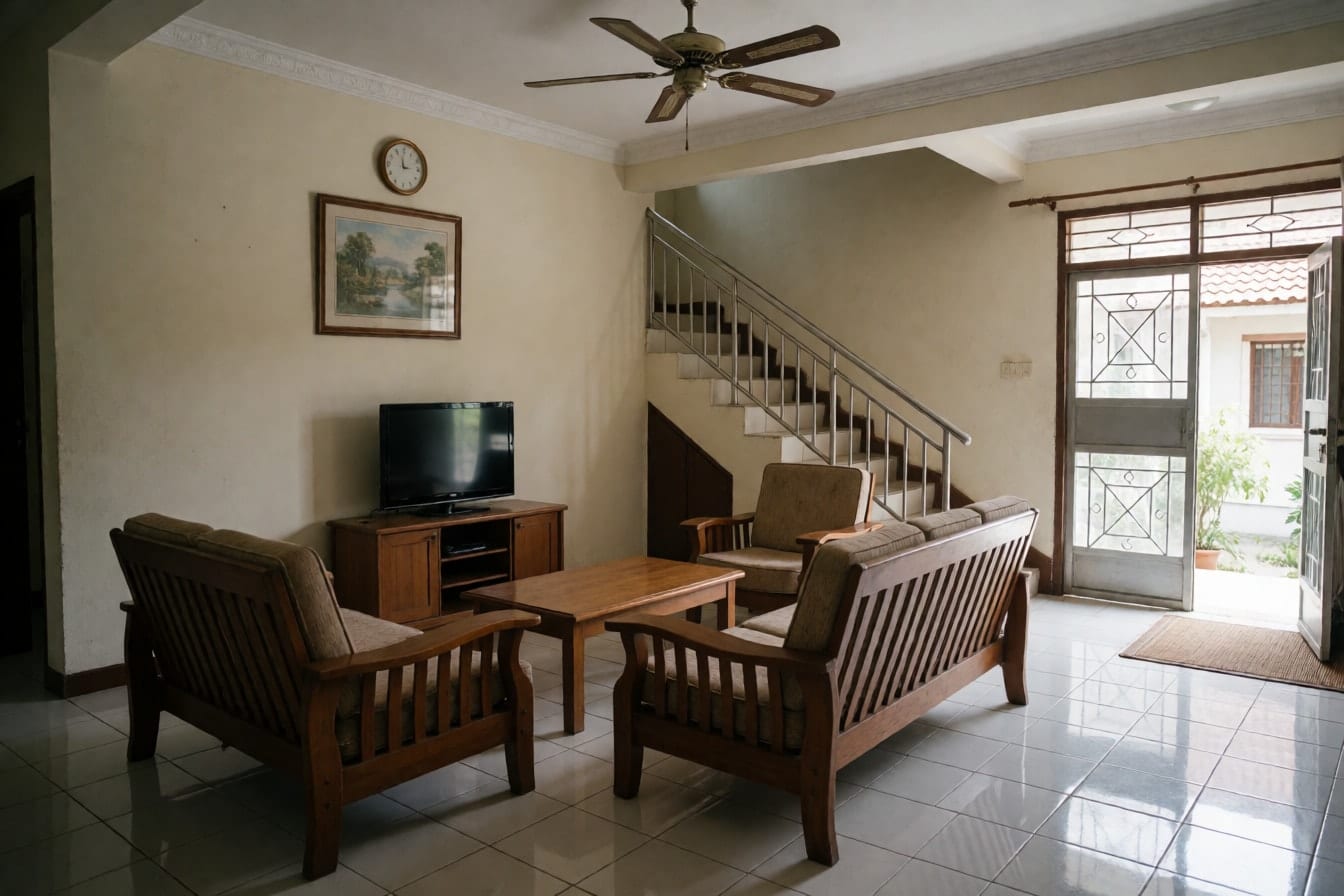 Ruang tamu tingkat bawah rumah teres dengan set sofa kayu, kipas siling, tangga bergril besi dan lantai jubin putih berkilat