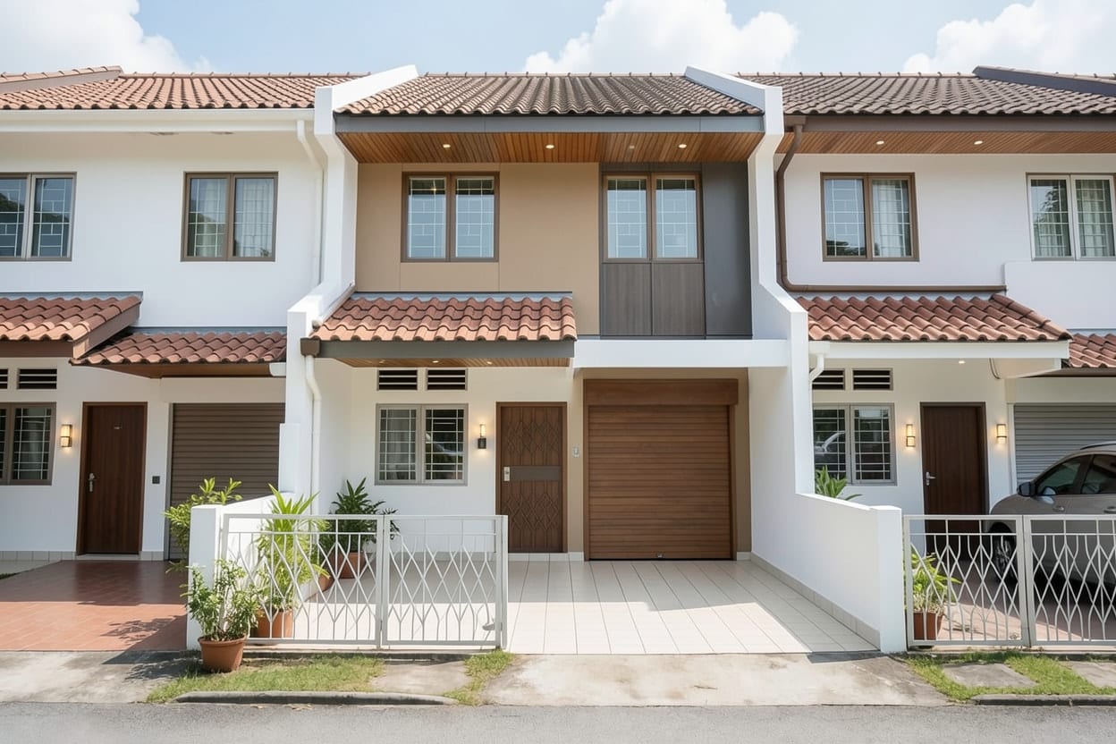 Fasad rumah teres dua tingkat yang direka semula dalam gaya moden dengan dinding putih hangat