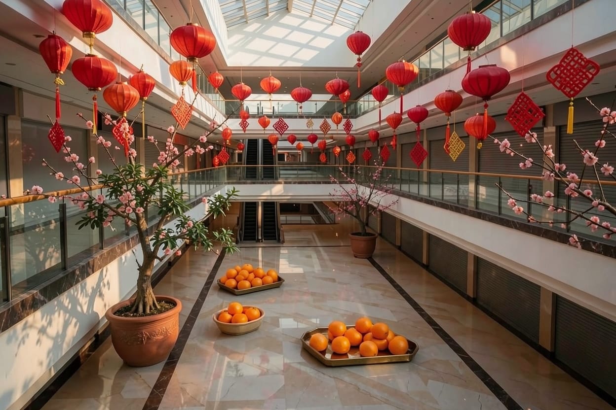同一個購物中心中庭用農曆新年主題布置後,掛滿大型紅燈籠並擺放花樹