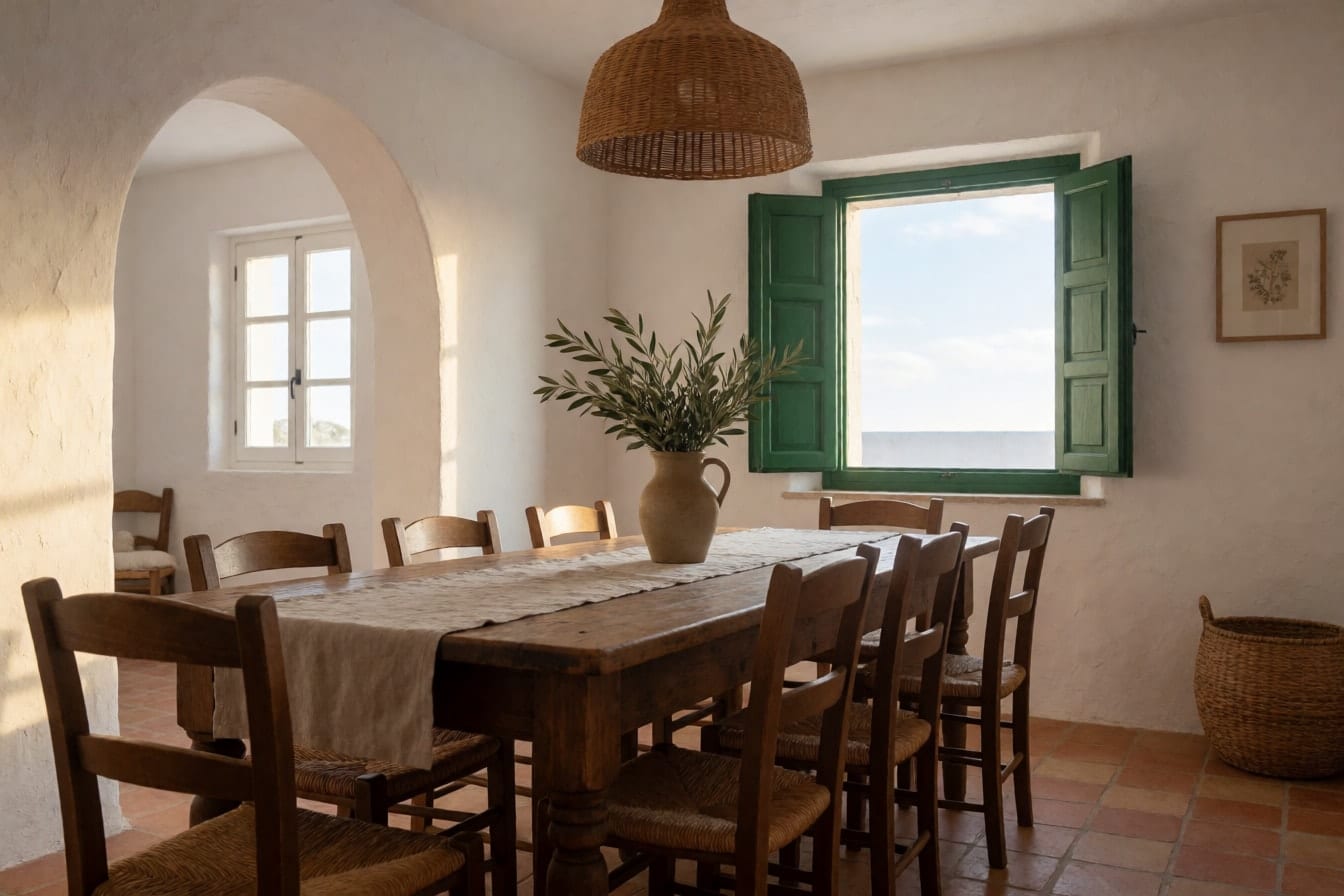 Mediterranes Esszimmer mit Rundbogen, Terrakottafliesen, langem Holztisch und Olivenzweigen im Keramikkrug