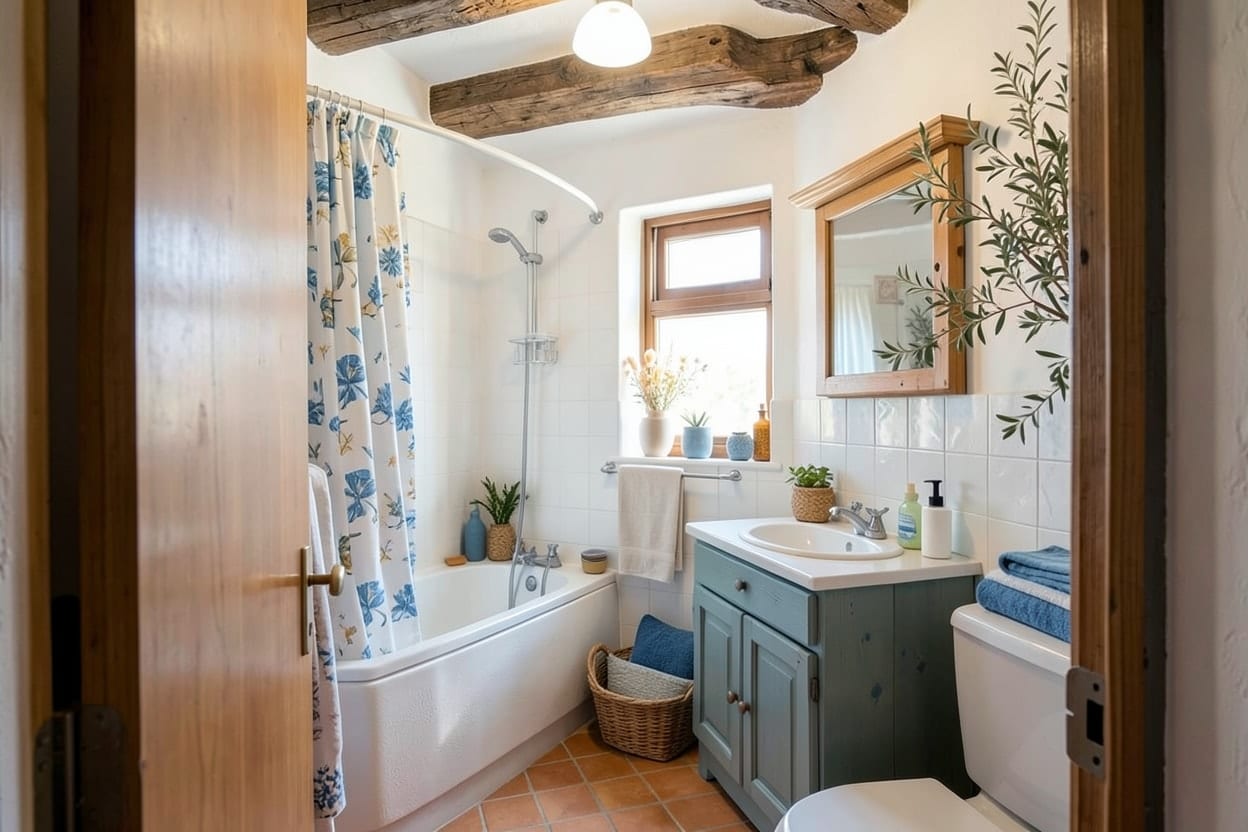 El mismo baño familiar renovado en estilo mediterráneo con blancos, azules y materiales naturales, bañera en su sitio