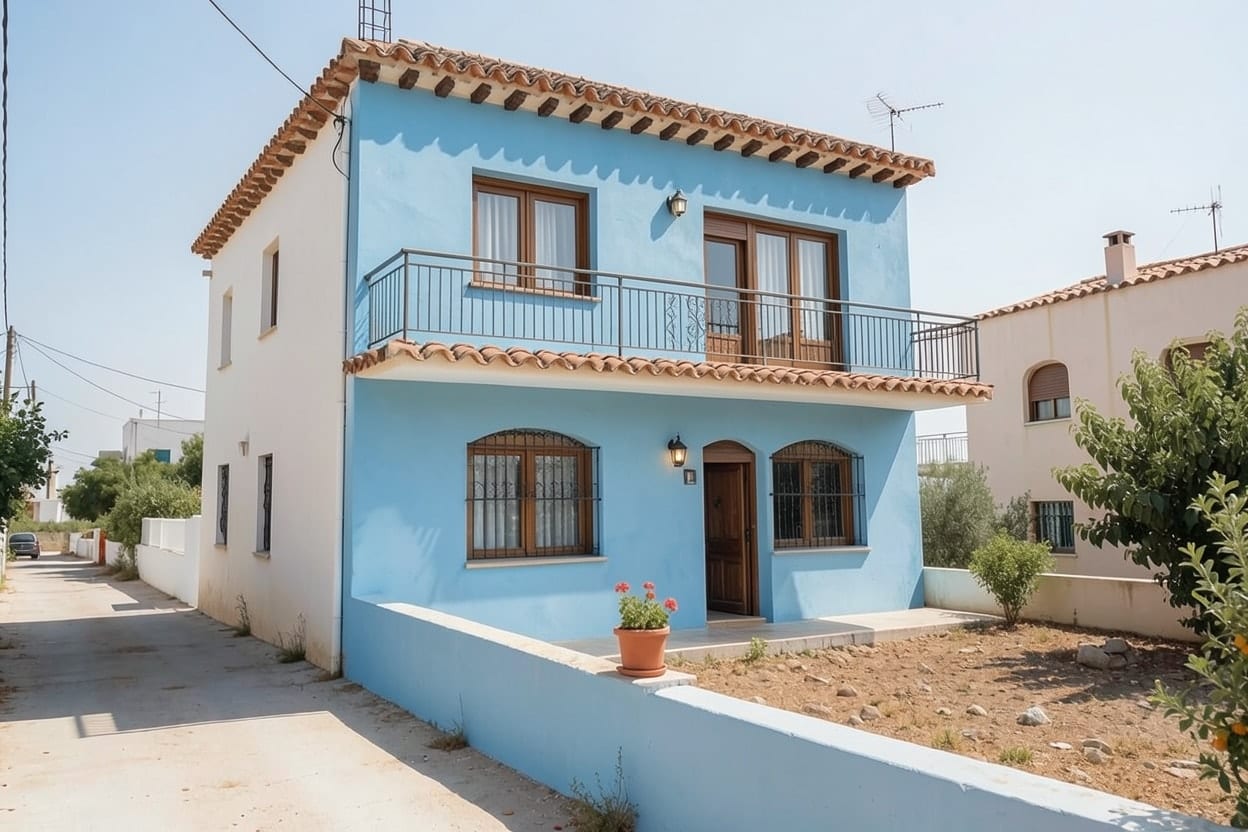 A plain concrete house on a Greek island, restyled as Mediterranean with the Aegean palette.