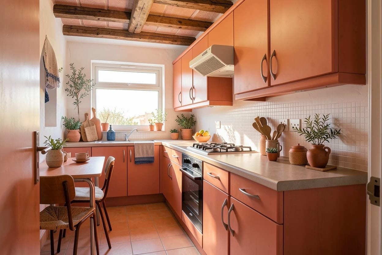 La stessa cucina in stile mediterraneo con toni terracotta e bianco, lavello e finestra al loro posto