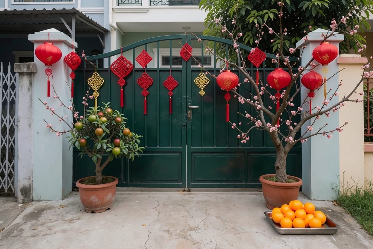 Cổng sắt xanh trang trí Tết với đèn lồng đỏ và hoa trên hai trụ cổng, nhìn thẳng từ hẻm