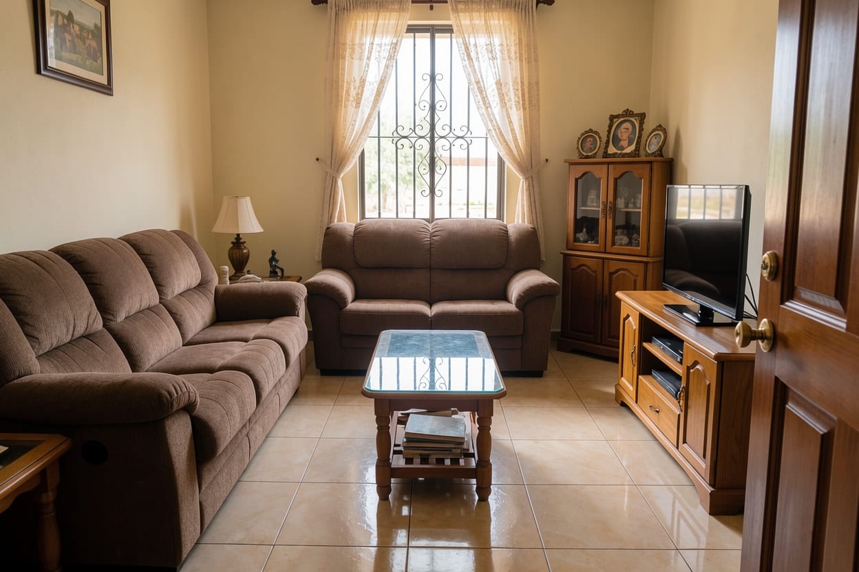 Sala de una casa mexicana con los sillones colocados uno frente a otro alrededor de la mesa de centro