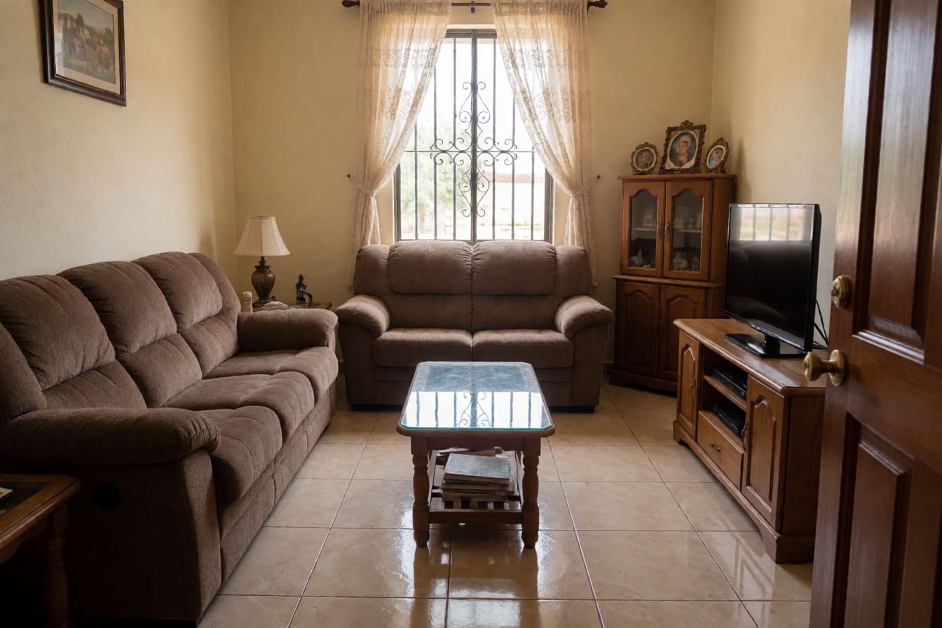 Sala de una casa mexicana con un juego de sala marrón pegado a las paredes y piso de loseta beige