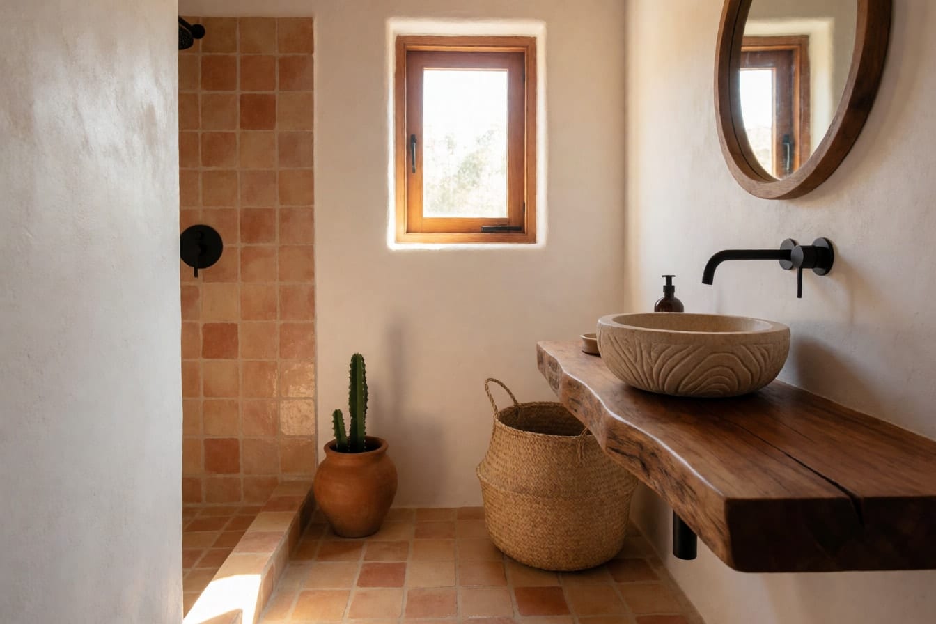 Baño rústico moderno con encimera de madera maciza, lavabo de piedra redondo, paredes de yeso blanco y piso de barro