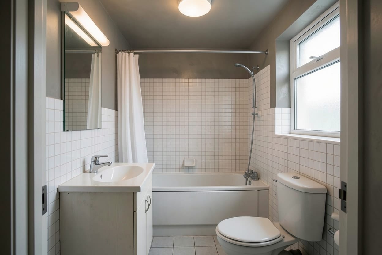 El mismo cuarto de baño con paredes continuas de microcemento, sin juntas, en lugar del azulejo blanco