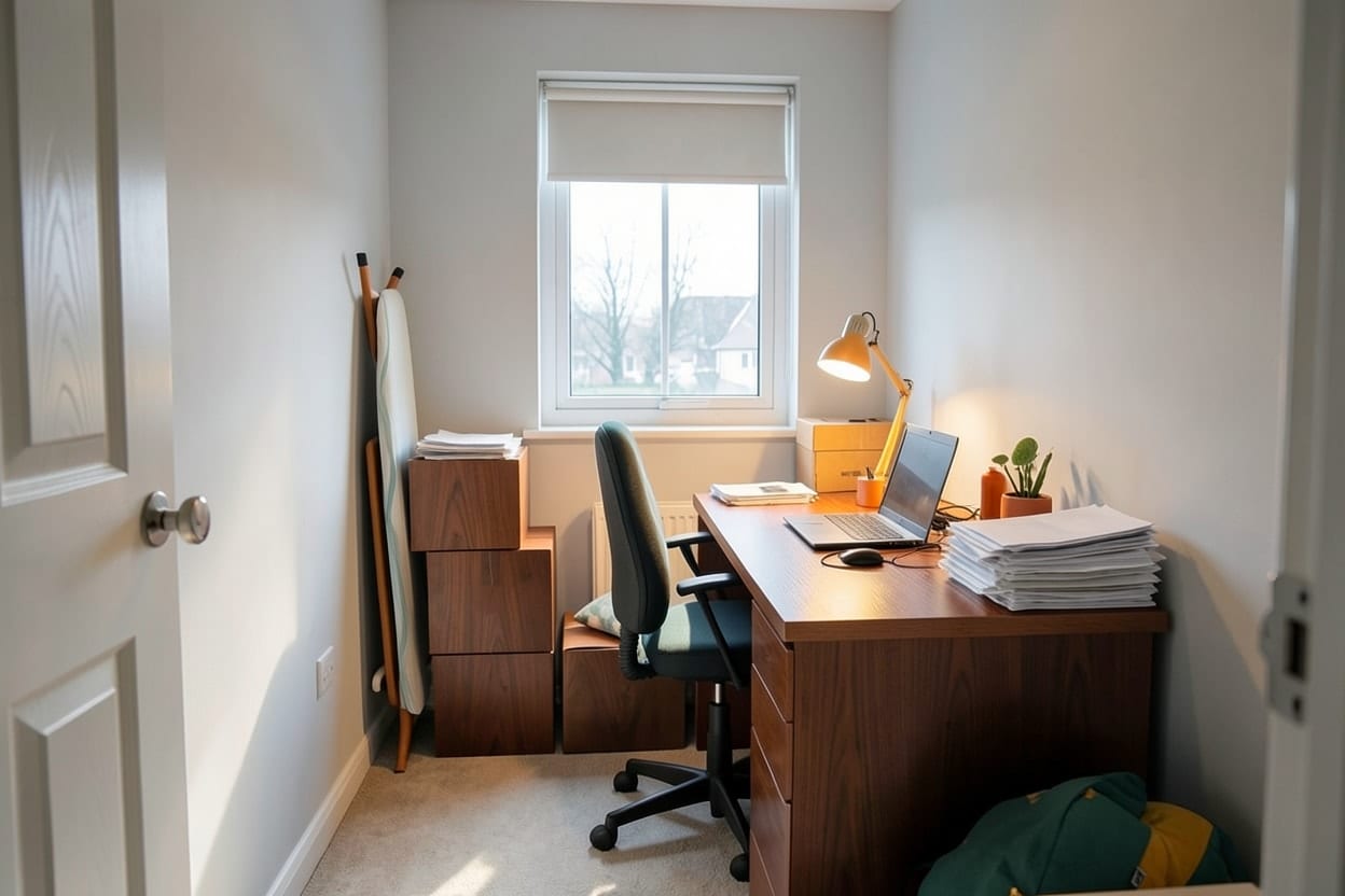 The same spare room as a mid-century home office with a walnut desk and a tidy shelf