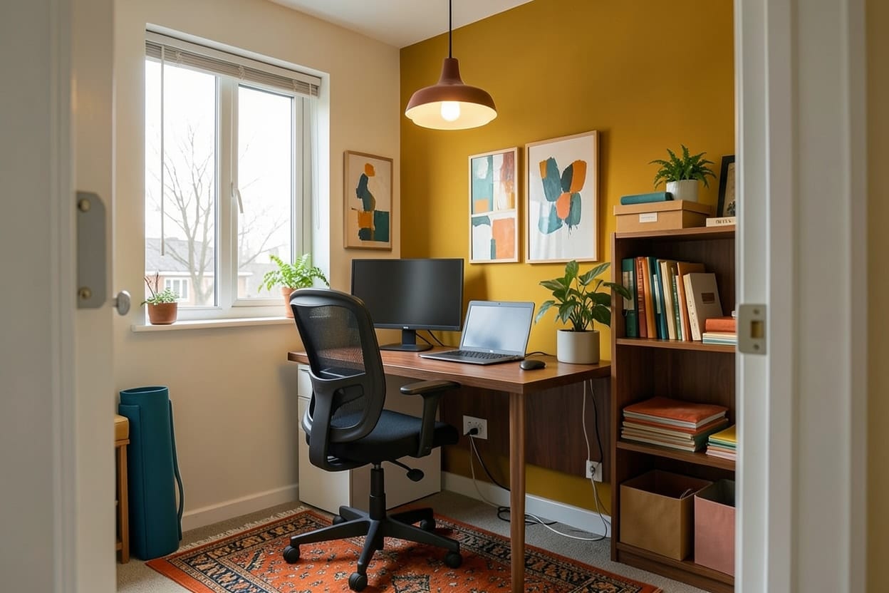 The same home office after a mid-century Refresh, with the desk and chair kept and new decor, art and wall color