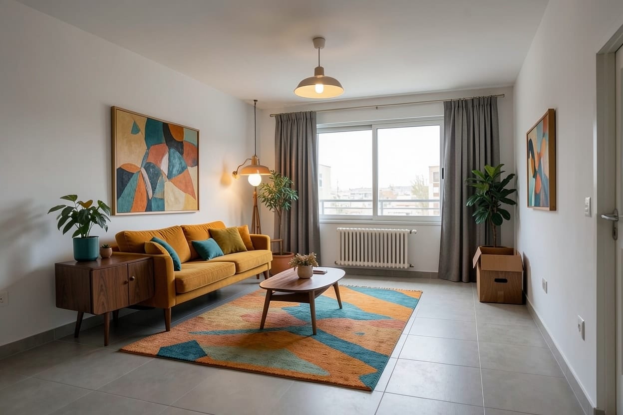 The same empty room furnished in mid-century style, with a sofa, a rug and lighting