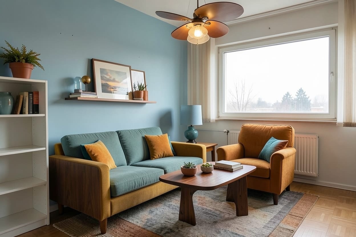 Dasselbe Wohnzimmer im Mid-Century-Stil mit tiefblauem Sofa, cognacfarbenem Ledersessel und Sideboard aus Nussbaum auf hellem Parkett