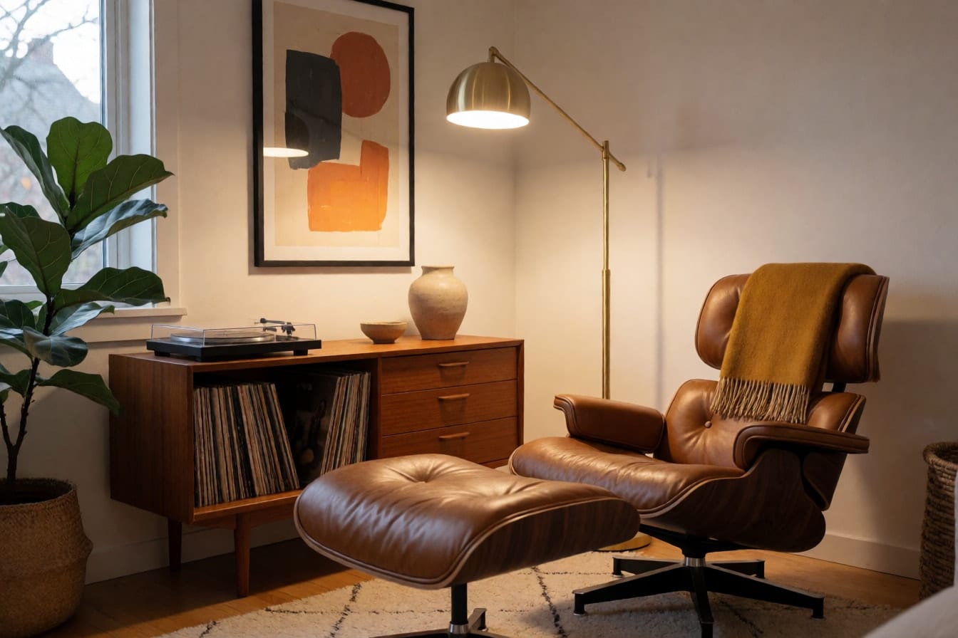 Leseecke im Mid-Century-Stil mit Nussbaumsessel und Cognacleder, Teak-Sideboard, Messingbogenlampe und Senfdecke