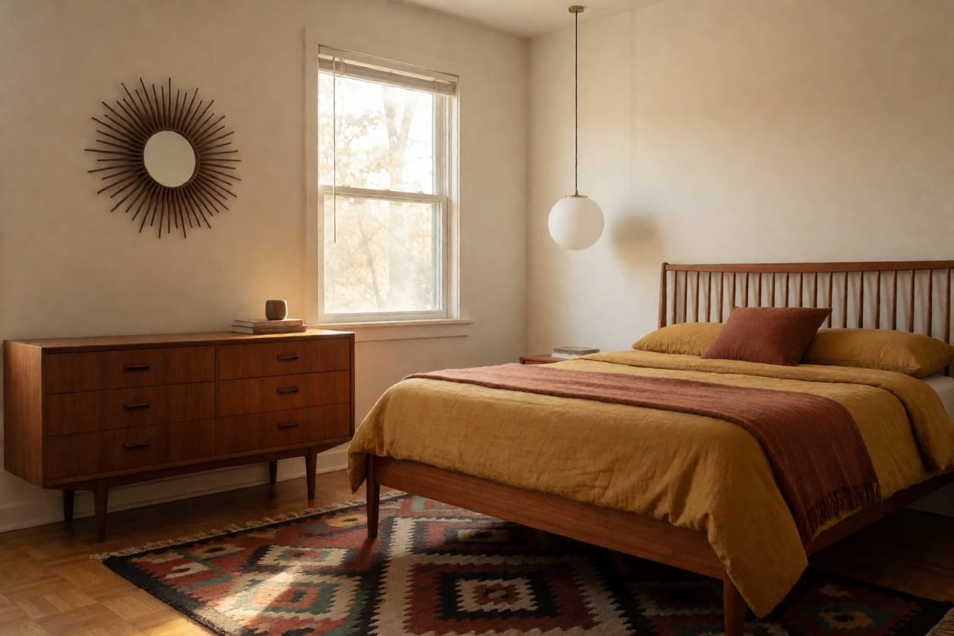 Schlafzimmer im Mid-Century-Stil mit Teakbett, langer Teakkommode auf schrägen Beinen, Bettwäsche in Senf und Rost und weißer Kugelleuchte