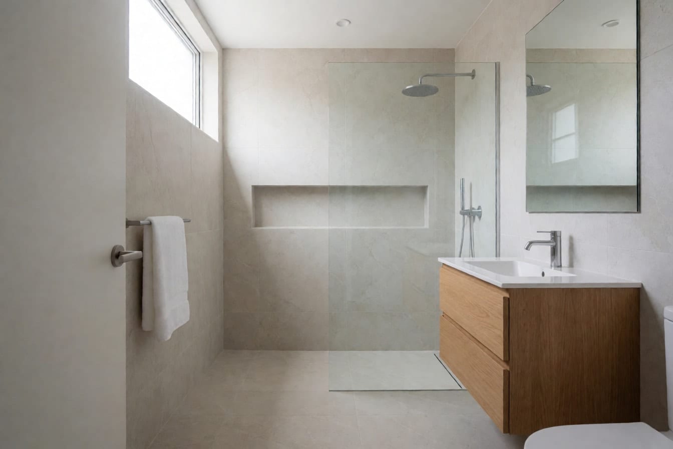 Kamar mandi minimalis dengan keramik besar warna pucat, shower berkaca bening, ceruk dinding, dan wastafel gantung kayu