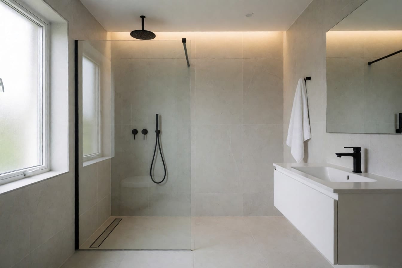 Baño minimalista con ducha a ras de suelo, mampara fija de cristal, sumidero lineal y porcelánico gris claro