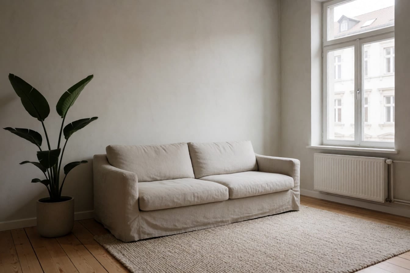 Alçak keten kanepe, yulaf rengi halı, büyük bir bitki ve açık sıva duvarlı minimalist bir salon