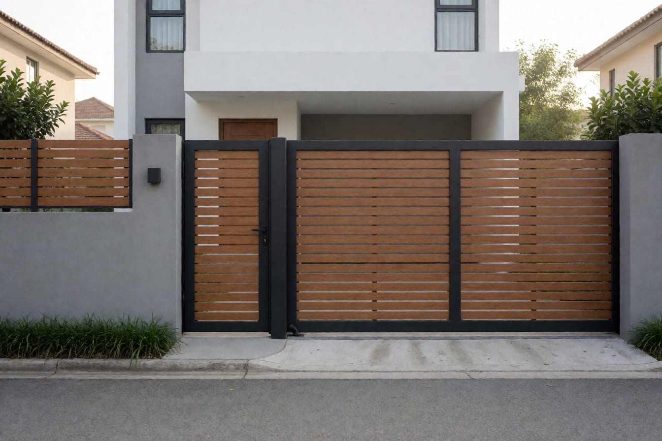 Pagar dan pintu geser minimalis dari rangka besi hitam dengan bilah horizontal bermotif kayu di atas tembok abu rendah