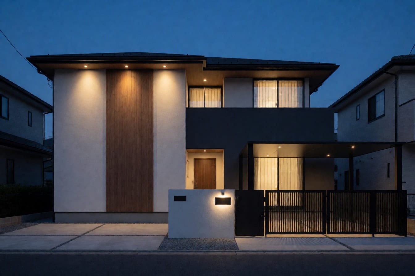 Rumah minimalis dua lantai putih dan abu arang saat senja dengan lampu dinding hangat menyorot kisi kayu dan downlight di bawah tritisan