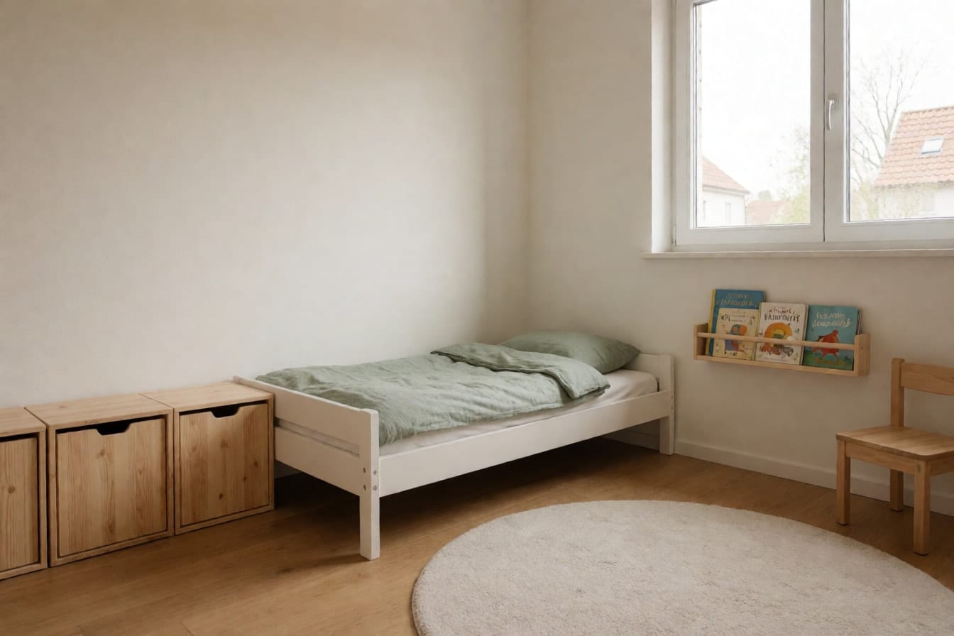 Kamar anak minimalis dengan ranjang putih rendah, seprai hijau sage, kotak mainan kayu tertutup, dan satu rak buku
