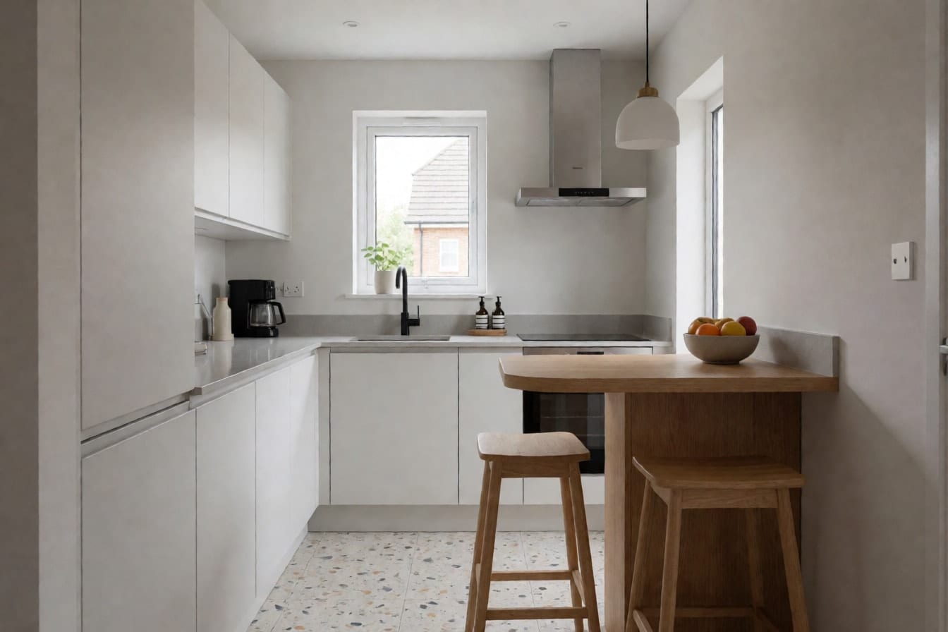 Dapur minimalis kecil dengan kabinet putih tanpa handle, meja dapur abu muda, mini bar kayu terang dengan dua kursi, dan lampu gantung