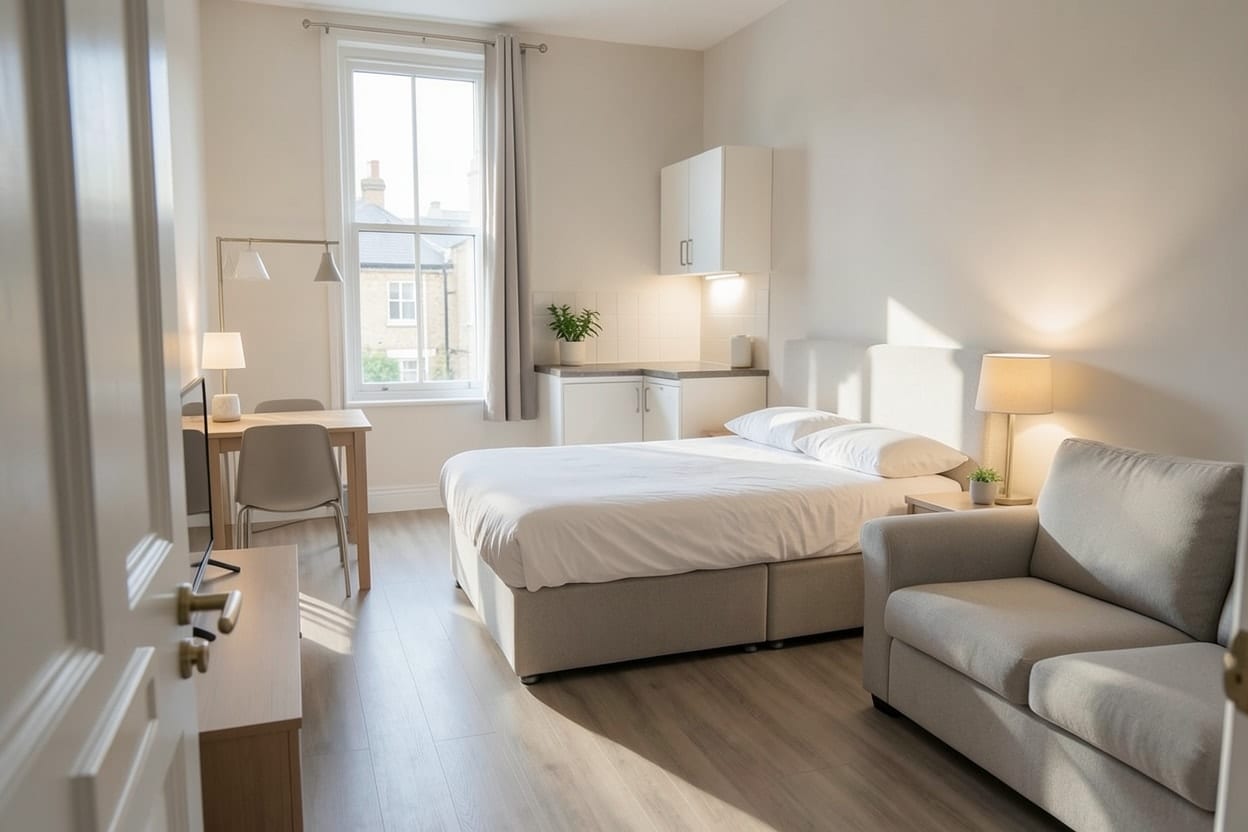 The same studio apartment made calm and minimalist, with fewer pieces and clear surfaces