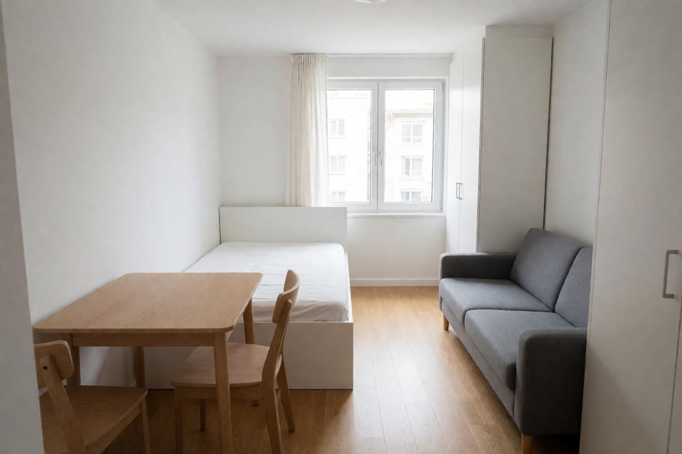 A minimalist studio apartment with a white platform bed, a slim gray sofa and a pale oak table by a large window