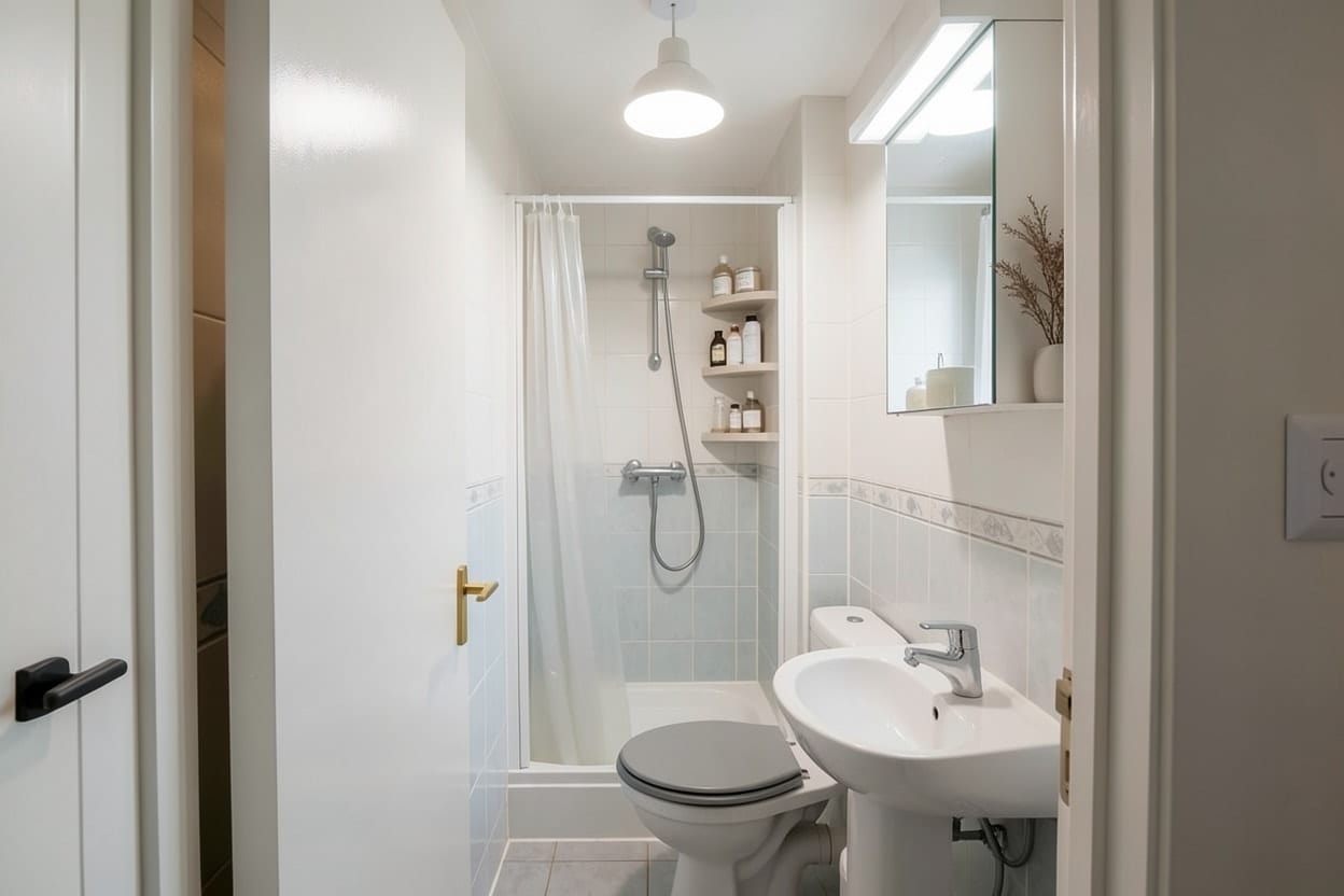 O mesmo banheiro minúsculo em estilo minimalista, com superfícies lisas e claras e a bancada vazia, com chuveiro, vaso e pia nos mesmos lugares