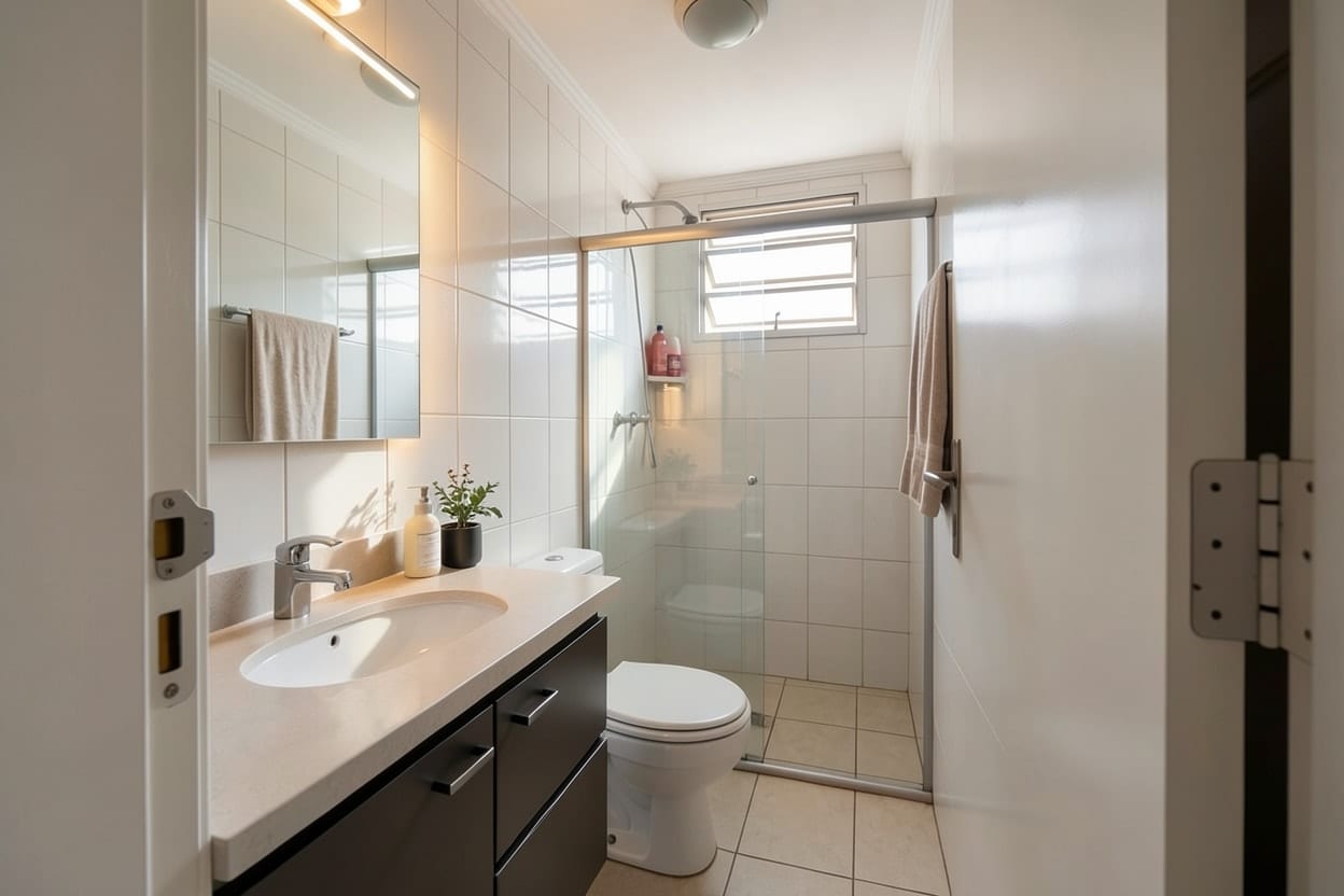 Banheiro pequeno de apartamento reformado em estilo moderno, com porcelanato claro de grande formato, gabinete suspenso, box de vidro e espelho iluminado