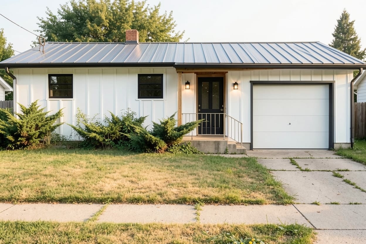 A 1970s ranch house, given a Modern farmhouse facade with the High-contrast neutrals palette.