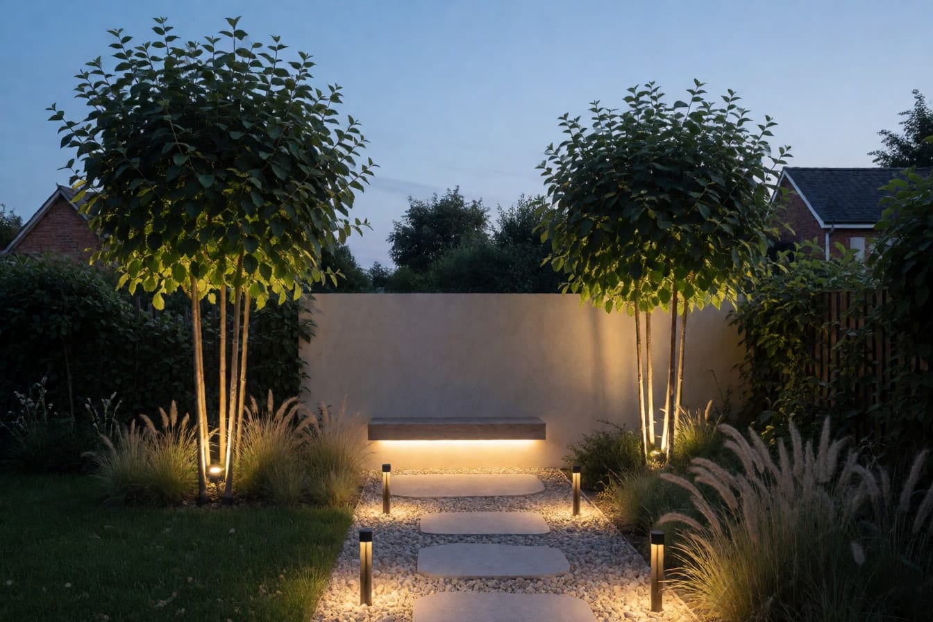 Giardino moderno al tramonto con faretti bassi lungo le pietre nella ghiaia, luci sotto due alberi multitronco e una striscia luminosa sotto una panca