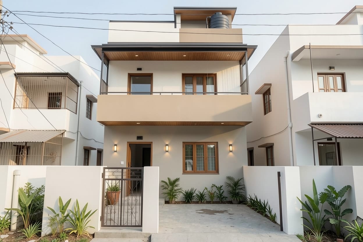वही मकान मॉडर्न एलिवेशन में: सफ़ेद दीवारें, लकड़ी जैसी क्लैडिंग की पट्टी, पतली पैरापेट और नया गेट