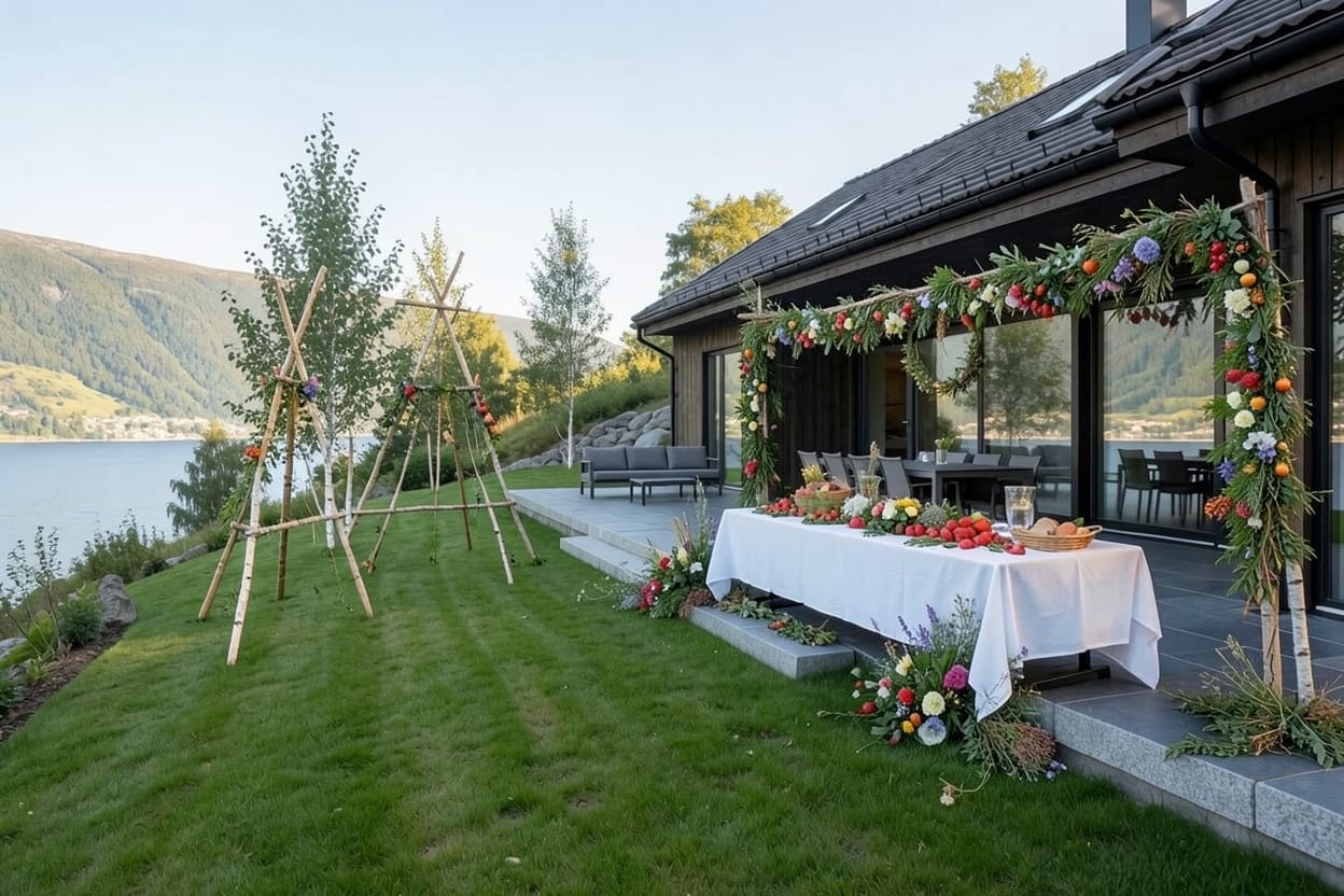 The stone terrace and lawn of a modern house above a fjord, decorated outdoors for Midsummer.