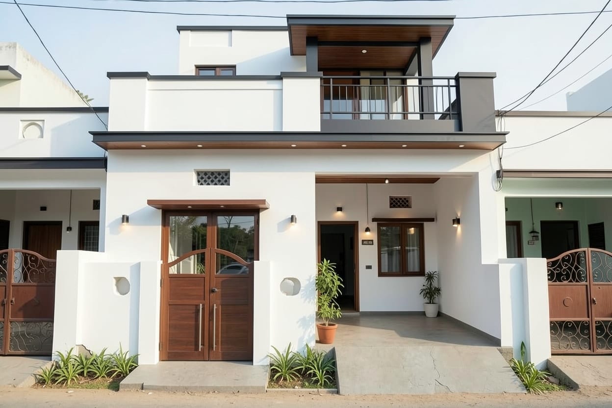 वही मकान मॉडर्न एलिवेशन के साथ, साफ़ लाइनें, नए रंग और बदली हुई बालकनी
