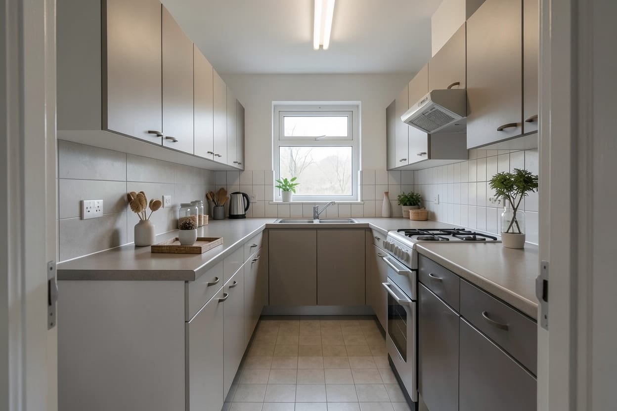 The same kitchen redesigned in a modern style with flat-front cabinets, stone counters and new lighting