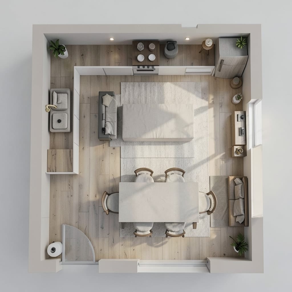 Modernong kusina at kainan na may muwebles na ginawa mula sa 2D na floor plan, tanaw mula sa itaas