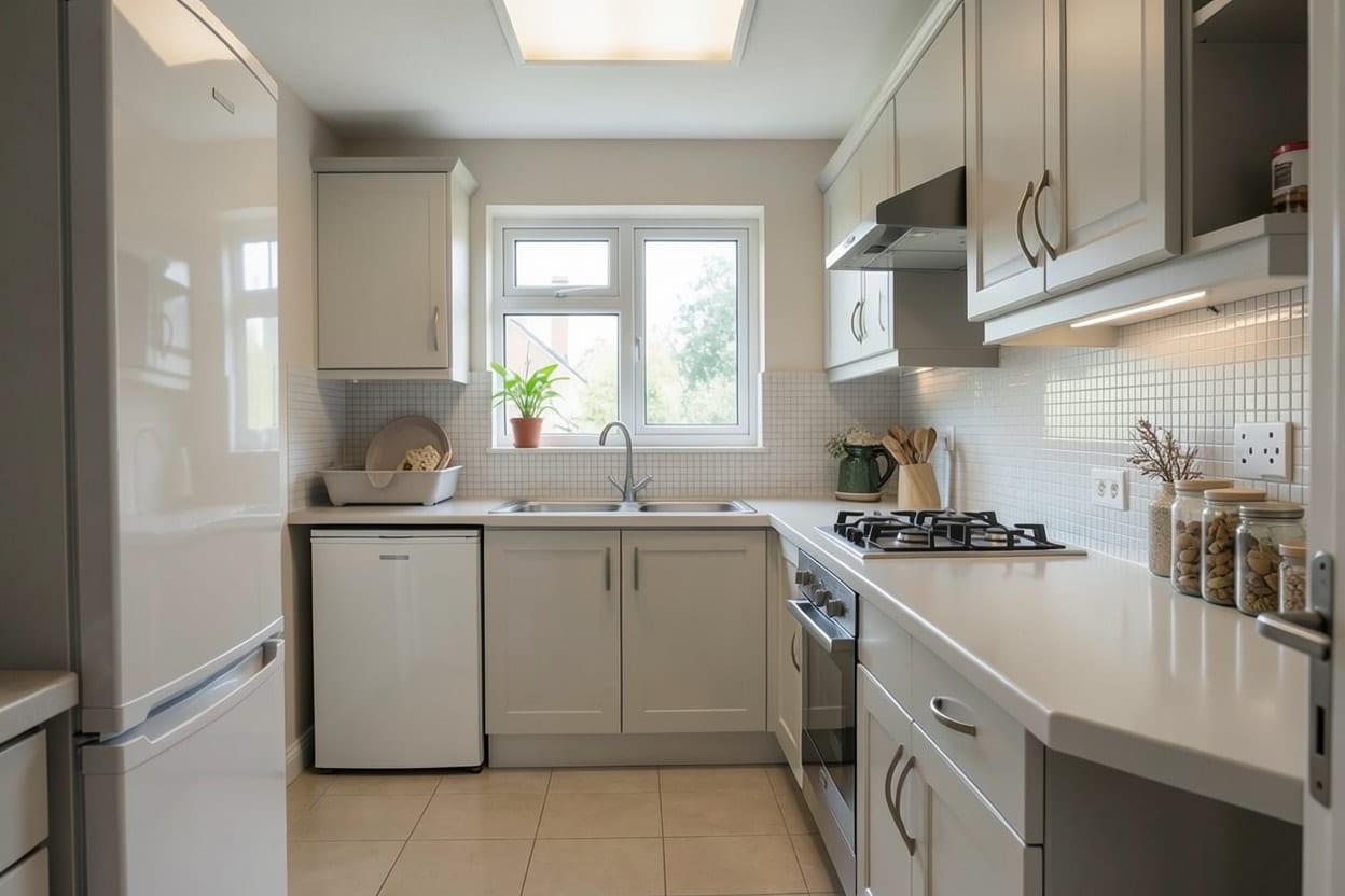 La stessa cucina in stile moderno, con lavello, fornelli e pensili dove erano