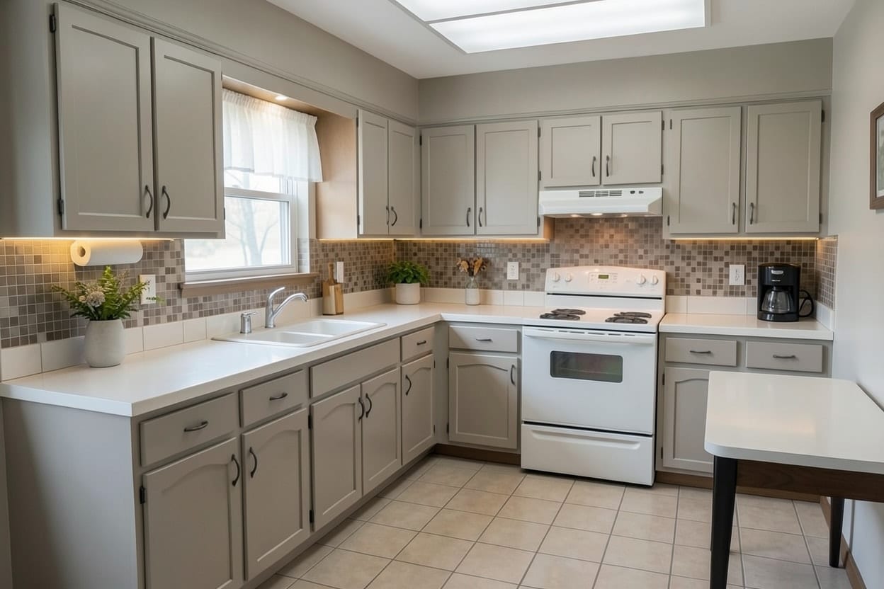 Ang parehong L-shaped na kusina sa modernong istilo na may flat na cabinet, makinis na counter at bagong backsplash