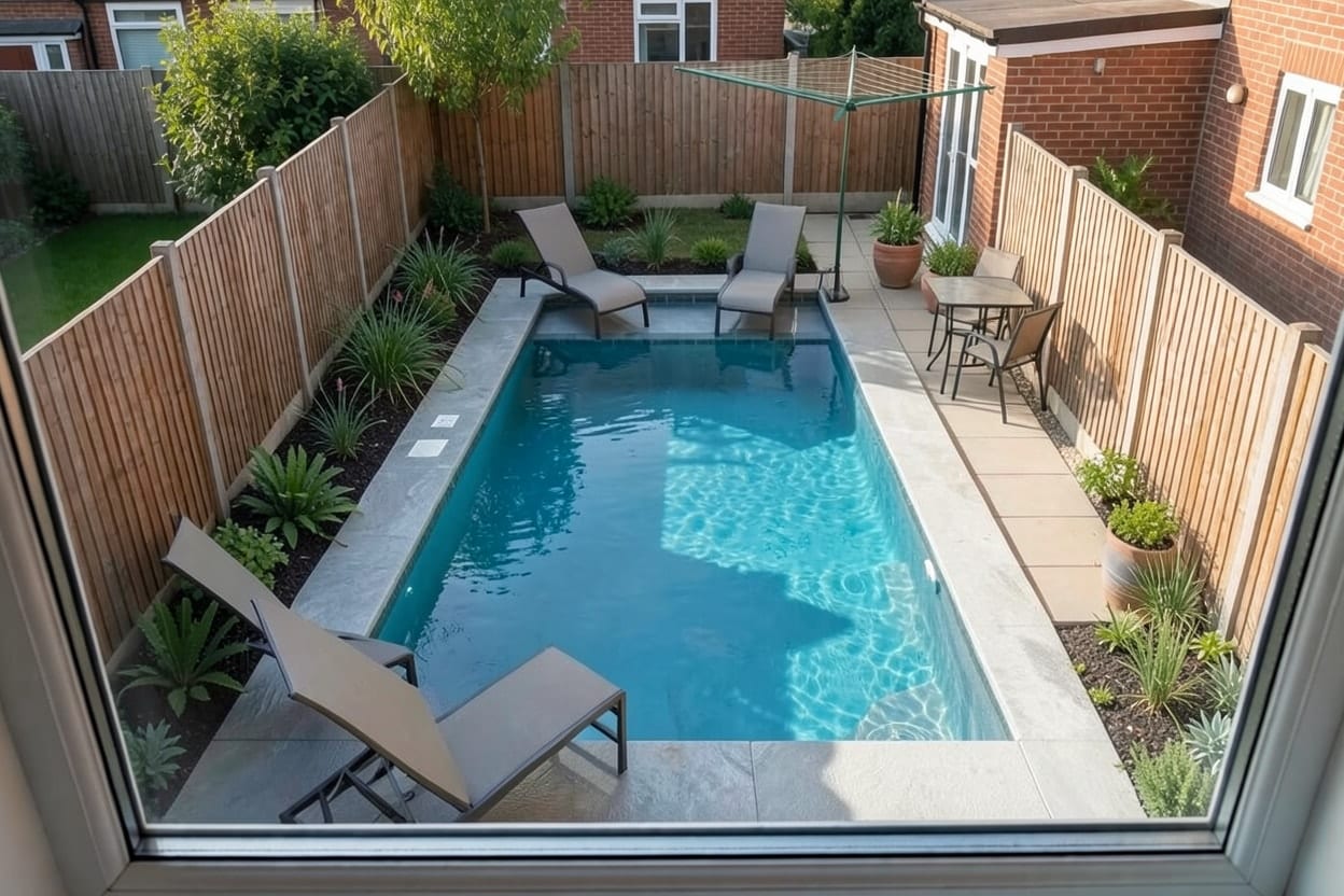 Lo stesso giardino con una piscina rettangolare moderna e il bordo pavimentato