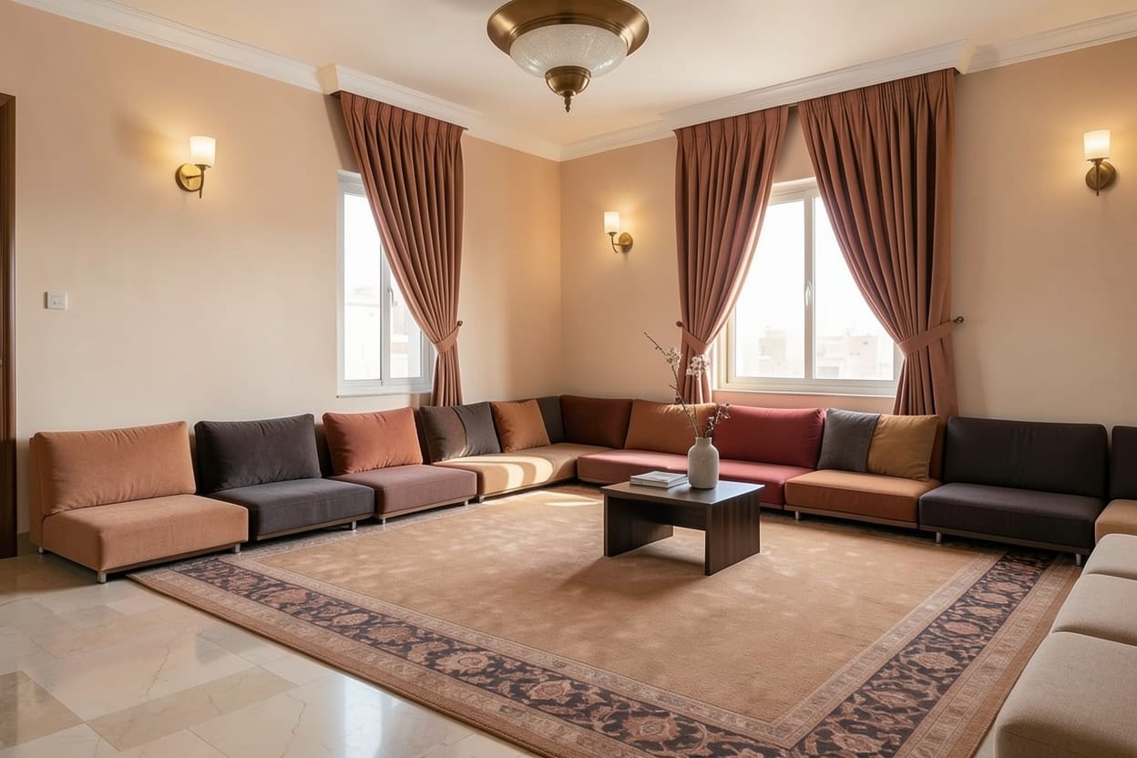 A large villa majlis, restyled as Modern with Renovate and Warm earth tones, with the seating in the same places.