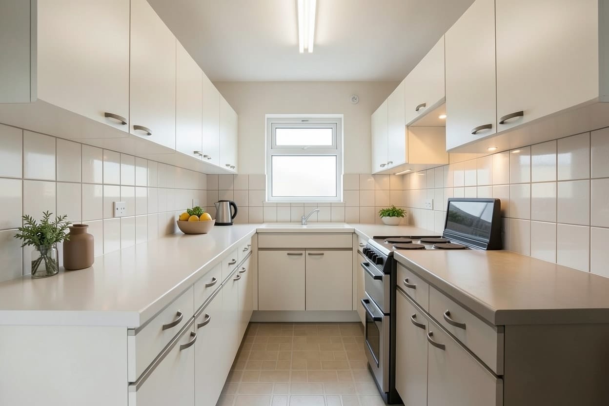 The same galley kitchen renovated in a modern style in warm whites, with the sink under the window