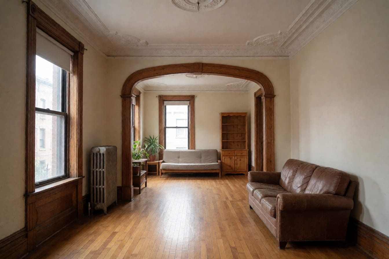 Double salon d'un plex montréalais avec arche en bois, plancher d'érable usé, moulures au plafond, calorifère en fonte et vieux divan en cuir