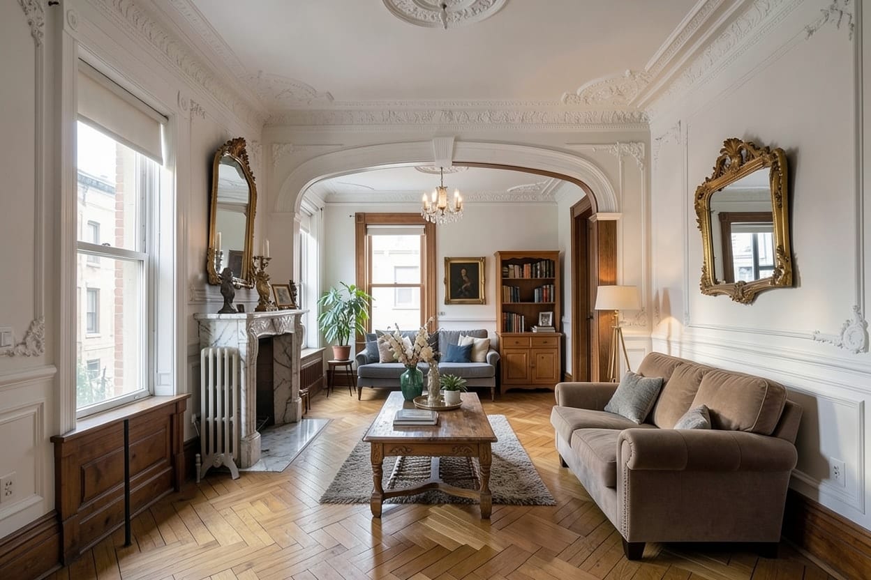 Le même double salon de plex en style parisien, arche et moulures mises en valeur, avec fauteuils élégants, miroir doré et tons crème