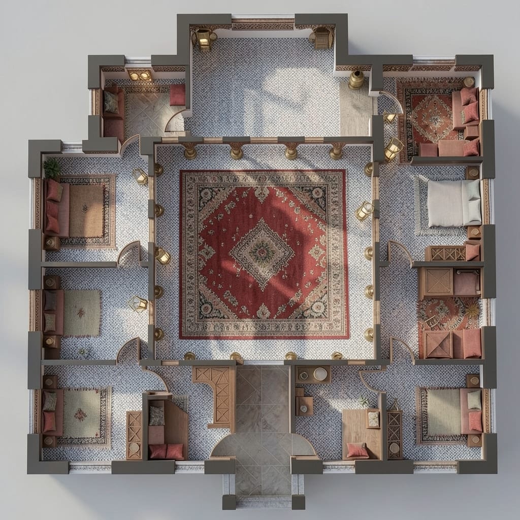 A villa plan built around a courtyard, turned into a furnished home in the Moroccan style.