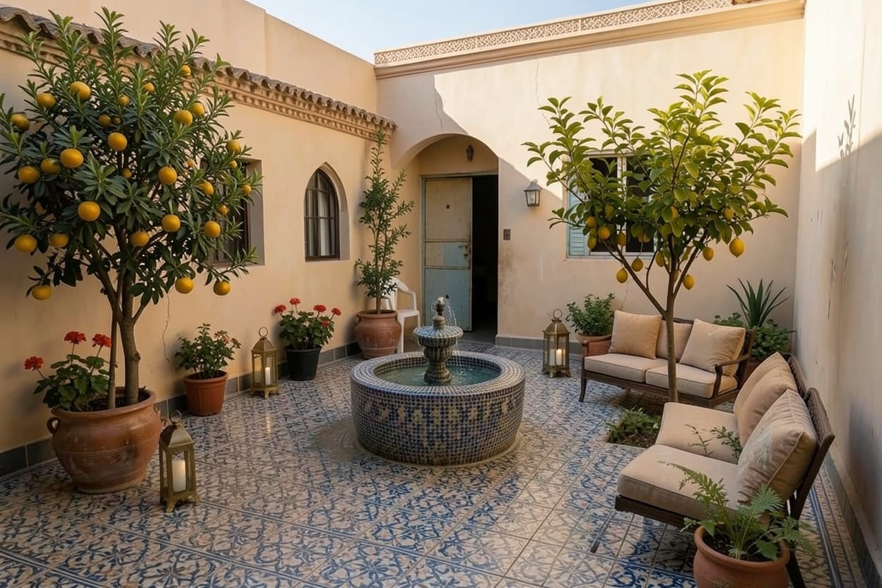 A bare walled courtyard, redesigned in the Moroccan courtyard style.