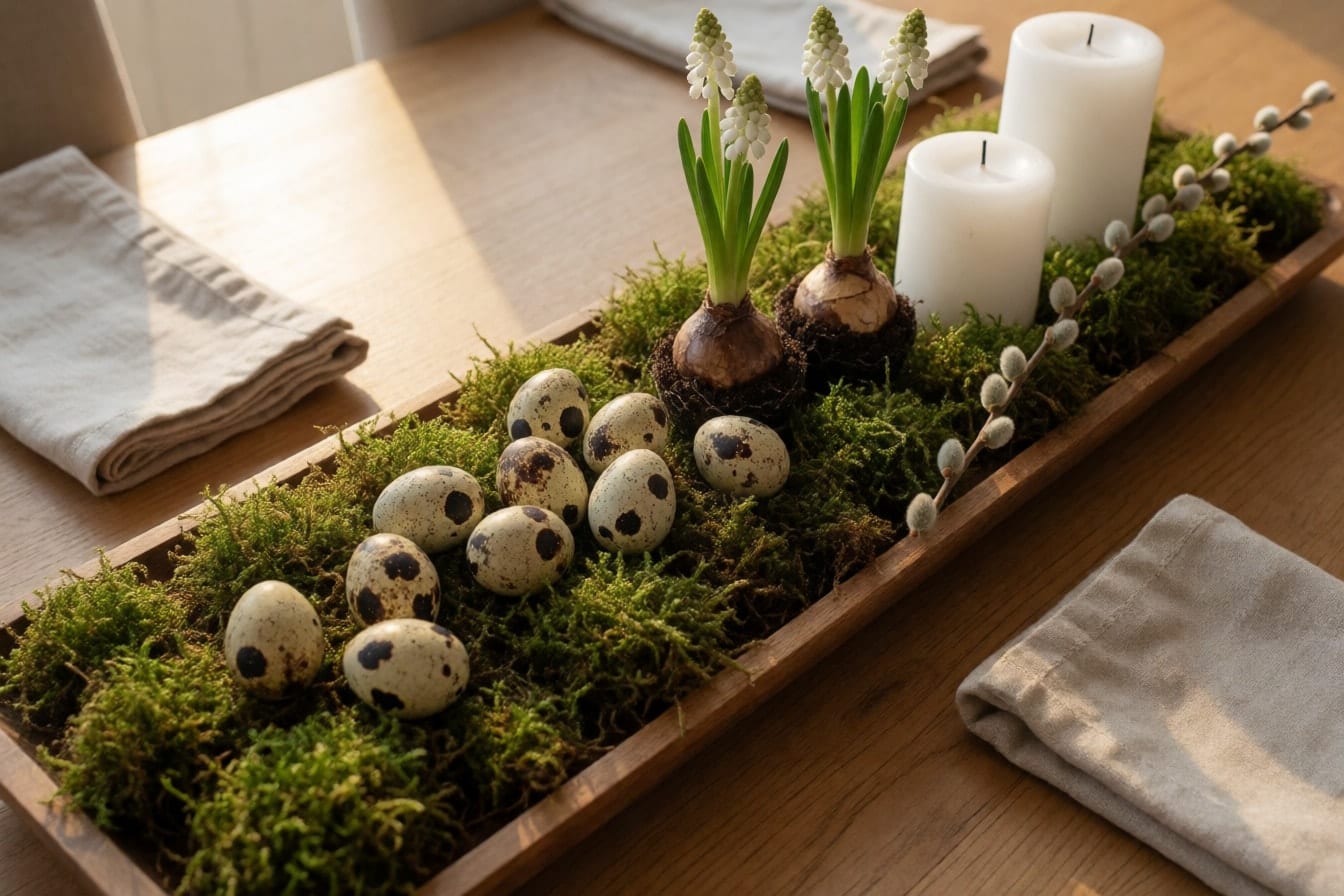 Holztablett mit grünem Moos, gesprenkelten Wachteleiern, kleinen Zwiebelblumen und zwei weißen Kerzen
